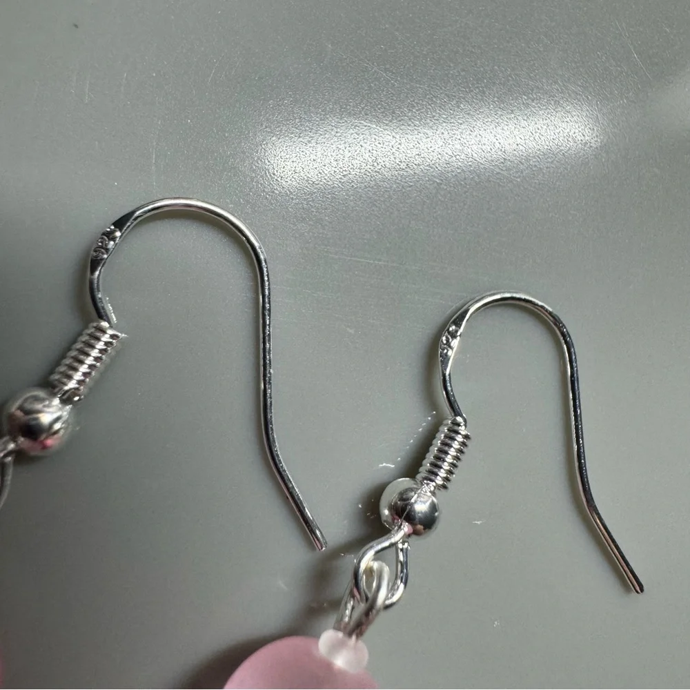 Pink Rubber Coated Glass Drop Dangle Earrings‎ 2” Handmade